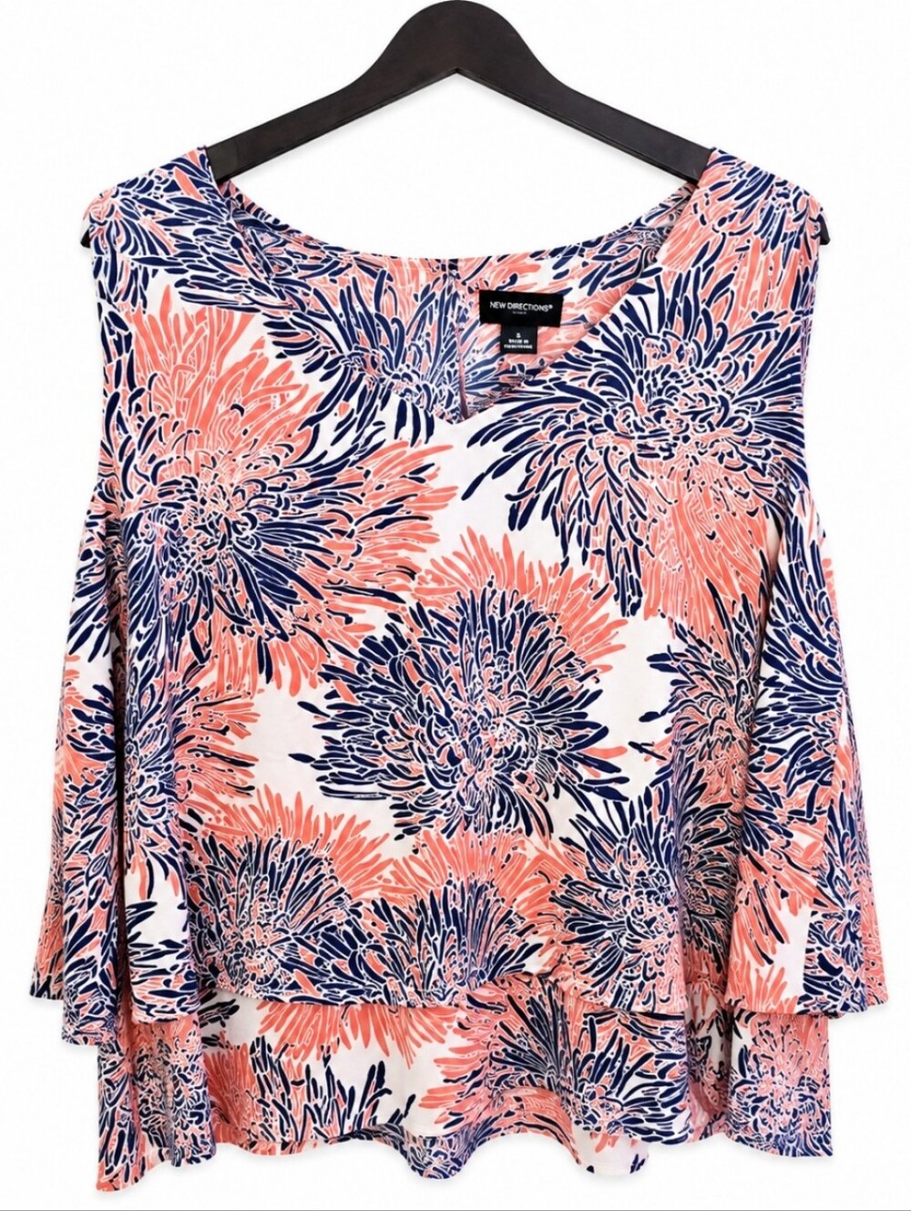 Liz Claiborne Coral Navy Floral Print Top 3/4 Sleeve Layered Hem Blouse Sz XL